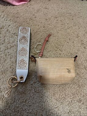 Straw Mini Pouch Keychain with Embellished White Wrist Strap
